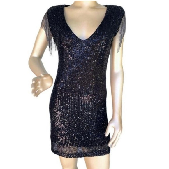 Betsey Johnson Dresses & Skirts - Betsey Johnson Dress. Fringe crystal "sleeves" with black crystals. Size small